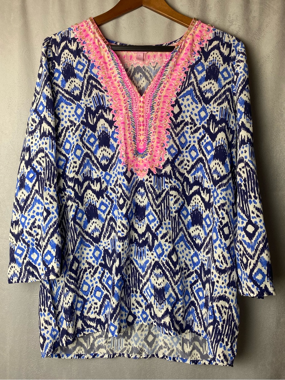 Lilly Pulitzer Silk Renato Dinner Tunic Blue Pink Ikat beaded vacation cruise M